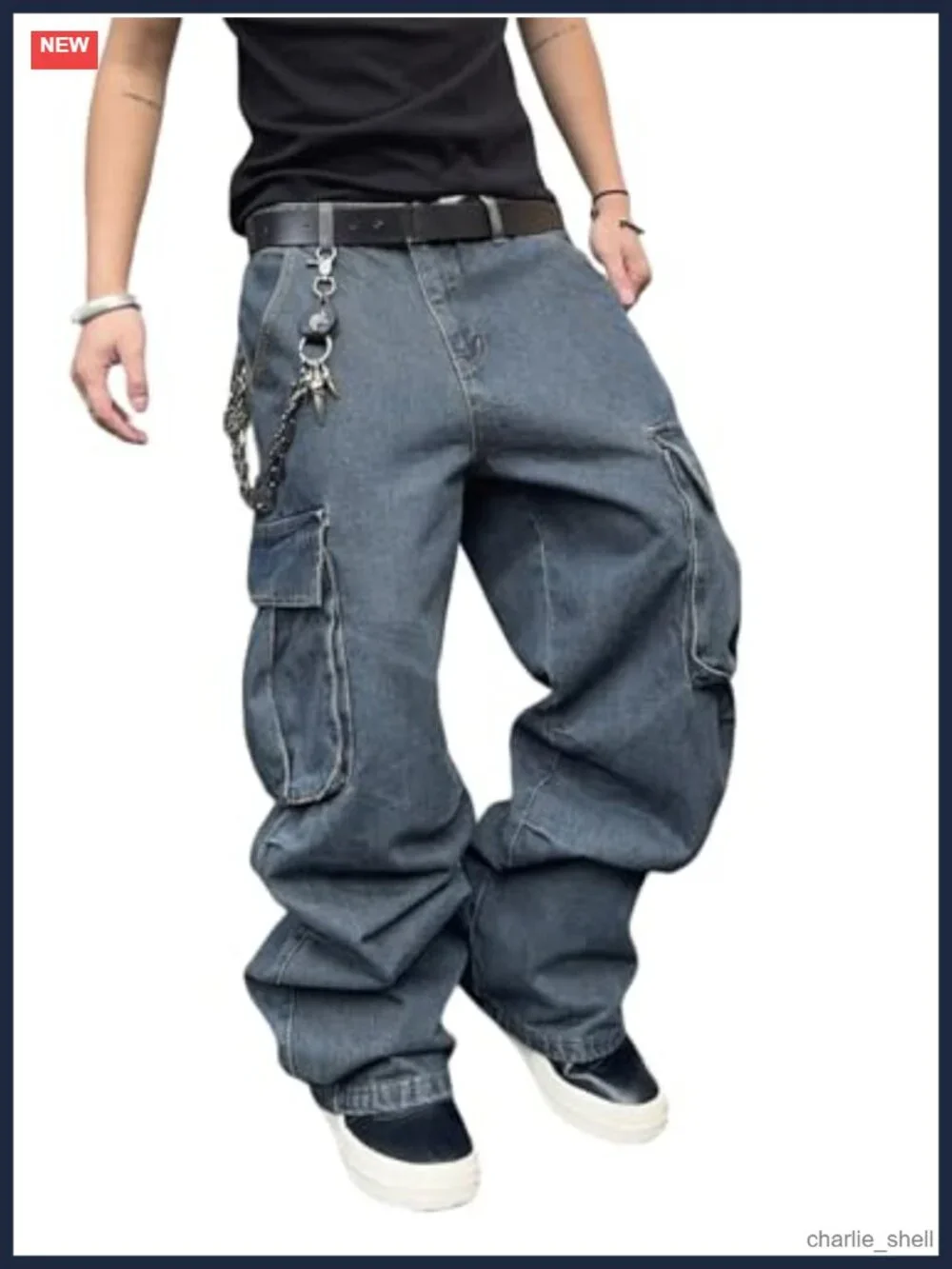 Mens Baggy Cargo Jeans Wide Leg Denim Pants Y2K Streetwear Cotton